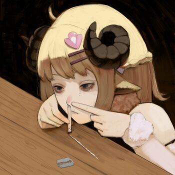 1girl absurdres animal_ears blonde_hair cocaine drugs hair_ornament highres hololive horns razor_blade sheep_ears sheep_girl sheep_horns snorting solo table tears tsunomaki_watame virtual_youtuber xyanaid