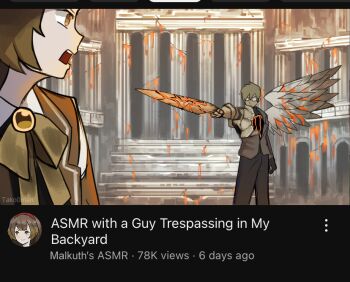 1boy 1girl angry armor artist_name bow bowtie brown_bow brown_bowtie brown_eyes brown_gloves brown_hair brown_jacket brown_pants brown_wings closed_mouth commentary e.g.o_(project_moon) english_commentary glasses gloves holding holding_sword holding_weapon jacket library_of_ruina malkuth_(project_moon) open_mouth pants philip_(project_moon) pointing_melee_weapon project_moon single_wing sword tako0mari waxen_pinion_(e.g.o) weapon wings youtube