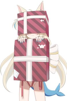 1girl animal_ears blonde_hair box fins fish_tail gift gift_box highres indie_virtual_youtuber loli long_hair multicolored_hair sameko_saba solo streaked_hair tail tenroy virtual_youtuber