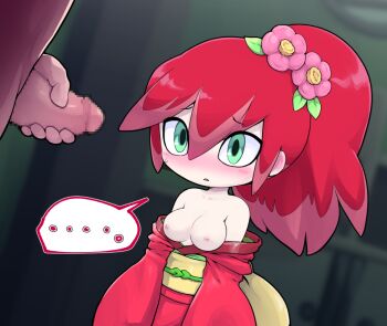 ... 1boy 1girl blush breasts censored commentary_request flower green_eyes hair_flower hair_ornament hetero high_ponytail japanese_clothes kimono large_breasts long_hair mosaic_censoring multicolored_hair nollety open_mouth penis pink_flower ponytail red_hair red_kimono solo_focus speech_bubble spoken_ellipsis tsubakihime_(youkai_watch) two-tone_hair variant_set youkai_(youkai_watch) youkai_watch