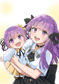 Rule 34 | 2girls, black bow, black choker, black skirt, bow, choker, collared shirt, hair bow, highres, indie virtual youtuber, long hair, long sleeves, looking at viewer, mole, mole under eye, mother's day, mother and daughter, multiple girls, nanbu shu zhi zhu, open mouth, orange skirt, otsuka ray, purple eyes, purple hair, reika (otsuka ray), sailor collar, shirt, short hair, short sleeves, simple background, skirt, smile, solo, striped clothes, striped skirt, virtual youtuber, white shirt