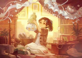 1girl absurdres basket beads bookshelf bow brown_eyes brown_hair cardigan crown doll garutaisa gem gift hair_ornament hair_ribbon hairclip highres holding holding_doll indoors lamp open_box open_cardigan open_clothes original pajamas pincushion plant ponytail potted_plant ribbon ribbon_spool scissors sewing_machine short_ponytail sitting smile stuffed_animal stuffed_rabbit stuffed_toy teddy_bear unworn_crown white_bow white_pajamas white_ribbon