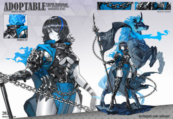 1girl 2020 adoptable allosauc arm_belt armor artist_name belt belt_buckle black_armor black_belt black_footwear black_hair black_leotard blue_cape blue_fire blue_hair boots bracelet breasts buckle cape chain reference_sheet close-up closed_mouth collared_cape colored_skin commentary cowboy_shot deviantart_username dullahan english_commentary english_text fire flag frown full_body gradient_background grey_background hair_over_one_eye headless high_collar high_heel_boots high_heels highres holding holding_flag horse jewelry large_breasts leotard loincloth medium_hair multicolored_hair multiple_belts multiple_views original pauldrons shoulder_armor simple_background single_bracer single_pauldron streaked_hair thigh_boots triangle_background underboob variations watermark white_eyes white_skin