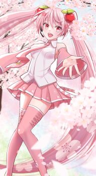 Rule 34 | 1girl, absurdres, bare shoulders, boots, breasts, cherry blossoms, cherry hair ornament, collared shirt, commentary request, detached sleeves, feet out of frame, food-themed hair ornament, frilled shirt, frilled shirt collar, frills, hair between eyes, hair ornament, hatsune miku, headphones, highres, kanzaki izumi, long hair, long sleeves, looking at viewer, medium breasts, miniskirt, necktie, official alternate costume, open mouth, pink boots, pink eyes, pink hair, pink necktie, pink skirt, pink sleeves, pink theme, pink trim, pleated skirt, reaching, reaching towards viewer, sakura miku, shirt, skirt, sleeveless, sleeveless shirt, sleeves past wrists, smile, solo, stick, thigh boots, tie clip, twintails, very long hair, vocaloid, white shirt, white trim