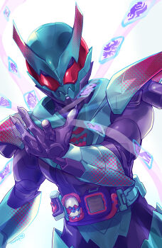 1boy absurdres armor barid_rex bird blue_armor bodysuit brachiosaurus clenched_hand cowboy_shot eagle finishing_move gloves glowing glowing_eyes highres horns huujyu jackal kamen_rider kamen_rider_revi kamen_rider_revice lion male_focus mammoth megalodon pink_horns praying_mantis purple_gloves red_eyes sharp_teeth stamp_mark teeth tyrannosaurus_rex white_background