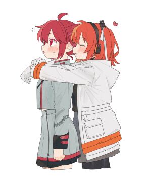 2girls adachi_rei heart highres hug kasane_teto multiple_girls ofo_j1 orange_hair red_eyes red_hair skirt smile surprised utau yuri
