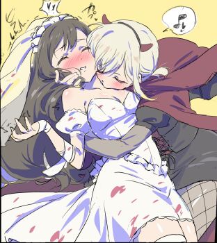 2girls black_dress black_hair blonde_hair blood blood_on_face breasts cape cleavage commentary detached_sleeves dress female_focus fishnet_pantyhose fishnets hairband halloween halloween_costume highres horns hug inoue_takina long_hair lycoris_recoil medium_breasts multiple_girls musical_note nishikigi_chisato or2_(sahr7857) pantyhose red_cape short_hair spoken_musical_note strapless strapless_dress symbol-only_commentary vampire wedding_dress white_dress yuri