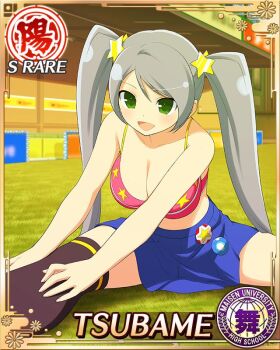 Rule 34 | 1girl, :d, bikini, bikini top only, black thighhighs, blue skirt, border, breasts, card (medium), character name, cheerleader, cleavage, game cg, green eyes, grey hair, hair ornament, hairclip, hands on own thigh, large breasts, long hair, midriff, official art, on grass, open mouth, outdoors, pink bikini, senran kagura, senran kagura new wave, skindentation, skirt, smile, solo, star (symbol), star hair ornament, stretching, sunset, swept bangs, swimsuit, thighhighs, third-party source, tsubame (senran kagura), twintails, very long hair