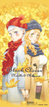 2girls absurdres autumn autumn_leaves back-to-back beanie black_clover black_hat black_scarf blush breasts brown_coat character_name coat commentary copyright_name cursive earrings english_text falling_leaves grey_coat grey_hair hat highres holding_hands jewelry large_breasts leaf long_hair looking_at_viewer maple_leaf mimosa_vermillion multiple_girls noelle_silva official_alternate_costume official_art open_clothes open_coat orange_hair pom_pom_(clothes) pom_pom_beanie purple_eyes red_hat red_scarf scarf shirt smile tabata_yuuki white_shirt