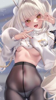 Rule 34 | 1girl, absurdres, blanc (fortune express) (nikke), blanc (nikke), blush, breasts, brown pantyhose, commentary request, covered navel, cropped jacket, fur trim, goddess of victory: nikke, hair intakes, hair ornament, hat, highres, jacket, long hair, long sleeves, looking at viewer, low ponytail, medium breasts, open mouth, panties, panties under pantyhose, pantyhose, ponytail, shirafuji ene, smile, thighs, underboob, underwear, white hair, white hat, white jacket, white panties, yellow eyes