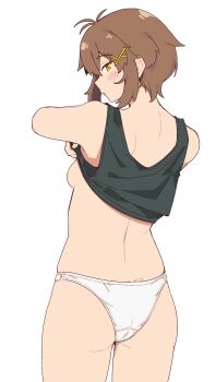1girl absurdres ass black_tank_top blush breasts brown_eyes brown_hair closed_mouth clothes_lift cowboy_shot expressionless from_behind fukana_miyu_(kokuya28) hair_ornament highres kokuya_(kokuya28) looking_at_viewer looking_back original panties shirt_lift short_hair simple_background small_breasts solo tank_top underwear white_background white_panties x_hair_ornament