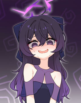 1girl @_@ absurdres bare_shoulders black_dress black_hair blue_archive blush bow breasts collarbone commentary_request densaneraa dress gradient_background gradient_hair hair_between_eyes hair_ornament hair_ribbon halo haruka_(blue_archive) haruka_(dress)_(blue_archive) highres korean_commentary long_hair looking_at_viewer multicolored_hair official_alternate_costume open_mouth purple_eyes purple_hair purple_halo ribbon sleeveless sleeveless_dress small_breasts solo sweatdrop upper_body wavy_mouth