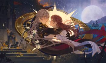 1boy 1girl armor black_armor black_jacket breasts brown_hair couple dress flower full_moon gold_trim grey_hair hair_between_eyes hetero highres jacket lily_(flower) long_hair looking_at_another love_and_deepspace medium_breasts moon official_alternate_costume official_alternate_hair_length official_alternate_hairstyle parted_lips planted planted_sword planted_weapon protagonist_(love_and_deepspace) shaiih_heladu shoulder_armor sword vambraces weapon white_dress white_flower xavier_(love_and_deepspace)