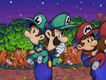 6+boys autumn_leaves baby_luigi baby_mario big_nose black_eyes blue_overalls bound brothers brown_hair carrying carrying_person closed_eyes cobblestone facial_hair gloves grass green_hat green_shirt hand_to_own_mouth hat highres in-universe_location leaf long_sleeves luigi male_focus mario mario_&amp;_luigi:_partners_in_time mario_&amp;_luigi_rpg mario_(series) masanori_sato_(style) multiple_boys mushroom mustache newsboy_cap night night_sky nintendo no_mouth open_mouth outdoors overalls pavement piggyback pointing red_hat red_shirt scared shirt siblings sky solid_oval_eyes star_(sky) sweat tied_up_(nonsexual) toad_(mario) tree white_gloves yamari_(ya_mari_6363)