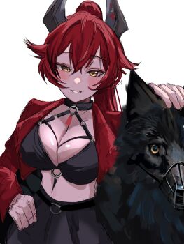 blush breasts cleavage fangs goddess_of_victory:_nikke grin hair_between_eyes hand_on_another's_head hand_on_own_hip highres horns jacket large_breasts leather leather_jacket leather_pants long_hair looking_at_viewer midriff muzzle_(mask) navel pants red_hair red_hood_(nikke) red_jacket red_scarf scarf simple_background smile tato0324iti white_background wolf yellow_eyes