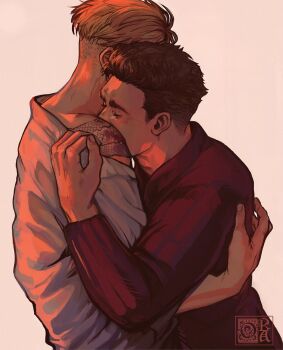 Rule 34 | 2boys, arm up, black shirt, blonde hair, brown hair, closed eyes, commentary, cowboy shot, english commentary, hand on another's shoulder, hans capon, henry of skalitz, highres, hug, kingdom come: deliverance ii, long sleeves, male focus, multiple boys, mutual hug, ora-illustration, shirt, short hair, short sideburns, sideburns, simple background, watermark, white shirt, yaoi