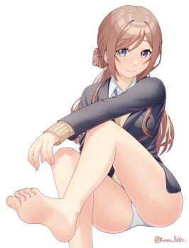 1girl absurdres blazer blue_eyes blue_jacket blush brown_hair closed_mouth commentary_request gakuen_idolmaster hair_bun hatsuboshi_gakuen_school_uniform highres himesaki_rinami idolmaster jacket kumapako long_hair panties school_uniform shirt side_up_bun simple_background single_side_bun sitting solo sweater twitter_username underwear white_background white_panties white_shirt yellow_sweater