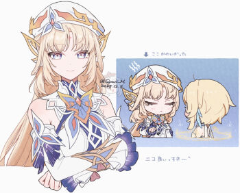 2girls bare_shoulders beret blonde_hair blue_eyes chibi closed_mouth cross-shaped_pupils detached_sleeves dress facial_mark forehead_mark frilled_sleeves frills genshin_impact hat long_hair looking_at_viewer lumine_(genshin_impact) multiple_girls nicole_reeyn pointy_ears q_(oshikuraq) ribbon smile symbol-shaped_pupils upper_body very_long_hair white_dress white_hat