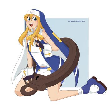 1boy blonde_hair bridget_(guilty_gear) diaper guilty_gear handcuff merunyaa peace_symbol tagme trap