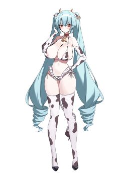 1girl absurdly_long_hair absurdres animal_ears animal_print aqua_hair areola_slip bell bikini breasts choker commentary cow_ears cow_horns cow_print cow_print_bikini cow_print_gloves cow_print_thighhighs cow_tail cowbell drill_hair ear_tag full_body gloves goddess_of_victory:_nikke highres horns huge_breasts long_hair neck_bell print_bikini print_gloves print_thighhighs privaty_(nikke) red_choker simple_background skindentation standing swimsuit tail taiyaki12 thighhighs thighs twintails v-shaped_eyebrows very_long_hair white_background yellow_eyes