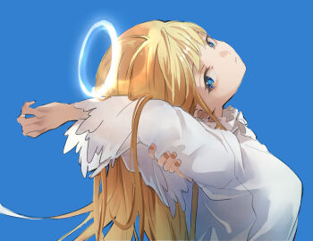 Rule 34 | 1girl, 23el, angel, blonde hair, blue background, blue eyes, closed mouth, commentary, halo, long hair, long sleeves, looking at viewer, looking back, original, shirt, simple background, solo, stretching, untranslatable commentary, upper body, white halo, white shirt