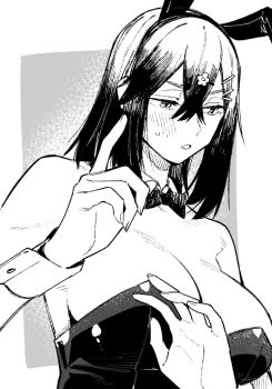 1girl animal_ears bare_shoulders bow bowtie breasts cleavage crossed_bangs detached_collar fake_animal_ears fingernails flower greyscale hair_between_eyes hair_flower hair_ornament hairclip houjou_youka large_breasts monochrome muchi_maro playboy_bunny rabbit_ears seitokai_ni_mo_ana_wa_aru! solo tall_female upper_body