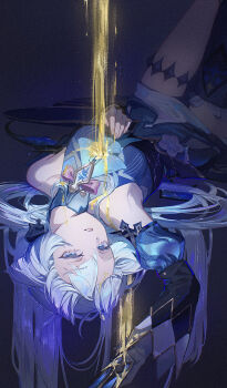 1girl absurdres armpits bare_shoulders blue_dress blue_eyes blue_streaks breasts cerydra_(honkai:_star_rail) commentary_request crown detached_sleeves diamond_(shape) dress floral_print hair_flowing_over hair_spread_out highres hitohachan honkai:_star_rail honkai_(series) long_hair lying medium_breasts mini_crown multicolored_hair on_back parted_lips single_thighhigh streaked_hair thigh_strap thighhighs very_long_hair white_hair yellow_blood