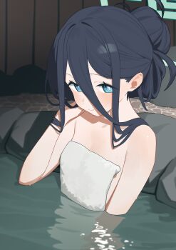 1girl absurdres aqua_halo aris_(blue_archive) black_hair blue_archive blue_eyes blush bright_pupils closed_mouth hair_between_eyes halo highres holypotato0 loli long_hair looking_at_viewer naked_towel onsen partially_submerged ringed_eyes solo towel water white_pupils