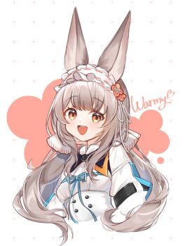 1girl :d absurdres animal_ears arknights blue_ribbon brown_hair character_name commentary cropped_torso cross frilled_hairband frills greek_cross hairband heart highres lalihop long_hair long_sleeves looking_at_viewer open_mouth orange_eyes ribbon ribbon-trimmed_hairband ribbon_trim shirt smile solo warmy_(arknights) white_background white_hairband white_shirt