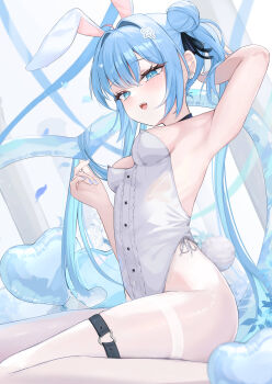 1girl absurdres ahoge animal_ears arm_up bad_anatomy bad_hands balloon bare_shoulders black_choker black_ribbon blue_eyes blue_hair blue_nails blue_ribbon blush breasts buttons choker commentary covered_navel earrings glint hair_bun hair_flowing_over hair_intakes hair_ornament hair_ribbon heart heart_balloon heart_o-ring highleg highleg_leotard highres indie_virtual_youtuber jewelry leotard long_hair medium_breasts mihanada_somaru nail_polish narrowed_eyes o-ring o-ring_thigh_strap open_mouth pantyhose playboy_bunny rabbit_ears rabbit_girl rabbit_tail ribbon shawn358 sitting smile solo strapless strapless_leotard stud_earrings tail thigh_strap thighband_pantyhose twintails very_long_hair virtual_youtuber wariza white_leotard white_pantyhose