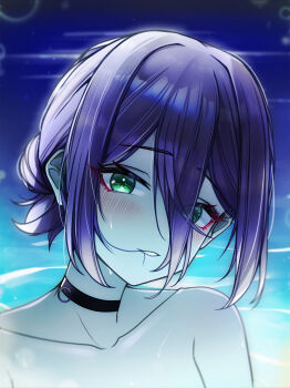 1girl absurdres black_choker chainsaw_man choker green_eyes grenade_pin guard_(mungcom88) hair_between_eyes hair_bun hair_in_own_mouth highres light_blush looking_at_viewer pool purple_hair reze_(chainsaw_man) solo wet