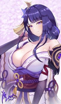 1girl armpits artist_name asymmetrical_sleeves back_bow bare_shoulders bow braid breasts bridal_gauntlets cleavage closed_mouth collarbone commentary_request eyeliner fan_hair_ornament flower flower_ornament genshin_impact hair_ornament head_tilt highres hiziriamane huge_breasts japanese_clothes kimono light_blush long_braid long_hair looking_at_viewer looking_to_the_side makeup mitsudomoe_(shape) mole mole_under_eye multicolored_hair off_shoulder purple_background purple_eyes purple_flower purple_hair purple_kimono purple_nails raiden_shogun red_eyeliner red_sash sash shade single_braid solo standing streaked_hair tomoe_(symbol) uneven_sleeves upper_body wide_sleeves