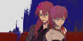 1boy 1girl breasts cleavage commentary diavolo green_eyes highres jojo_no_kimyou_na_bouken long_hair pink_hair polka_dot polka_dot_hair polka_dot_necktie sang_(3soun) trish_una vento_aureo