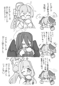 &lt;|&gt;_&lt;|&gt; 4girls :d ^_^ ahoge blue_archive braid capelet chibi closed_eyes collared_shirt dress dress_shirt feathered_wings greyscale hair_between_eyes halo hanako_(blue_archive) hanako_(swimsuit)_(blue_archive) hasumi_(blue_archive) head_wings koharu_(blue_archive) koharu_(swimsuit)_(blue_archive) long_hair long_sleeves mika_(blue_archive) miranofuudoria monochrome multiple_girls o3o one_eye_closed open_mouth sailor_collar school_uniform serafuku shirt sleeves_past_wrists smile translation_request very_long_hair white_background wings