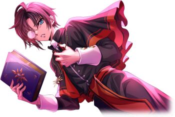 1boy black_hair black_jacket blue_eyes book cassock clerical_collar code_geass code_geass:_lost_stories collared_shirt f4samurai full_body highres holding holding_book jacket looking_at_viewer male_focus mario_disel monocle monocle_chain official_art priest shirt short_hair solo