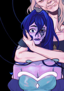 2girls android bare_shoulders blue_eyes blue_hair dress highres kkohiart knights_of_guinevere long_hair looking_at_viewer multiple_girls old old_woman olivia_park puppet_strings sleeveless sleeveless_dress smile white_hair