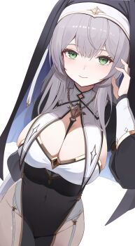 1girl absurdres black_veil blush breast_curtains breasts cleavage closed_mouth coif commentary covered_navel garter_straps green_eyes grey_hair hair_between_eyes has_bad_revision has_downscaled_revision highres hololive kinsuke_z large_breasts long_hair long_sleeves looking_at_viewer md5_mismatch nun official_alternate_hairstyle pelvic_curtain puffy_long_sleeves puffy_sleeves resolution_mismatch shirogane_noel shirogane_noel_(battle_nun) simple_background skindentation smile solo source_smaller symbol-only_commentary thighs veil virtual_youtuber white_background white_garter_straps