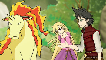 1boy 1girl ahoge alternate_costume alternate_hairstyle arms_behind_back black_hair blonde_hair collarbone day dress eyelashes flat_chest forest from_side gen_1_pokemon hair_down hand_up leaning_to_the_side long_dress long_hair long_sleeves looking_to_the_side nature neck nintendo open_mouth outdoors parody pink_dress pokemon pokemon_adventures profile purrrloin rapidash rapunzel_(disney) red_(pokemon) red_eyes serious short_hair spiked_hair three-quarter_sleeves very_long_hair worried yellow_(pokemon) yellow_eyes