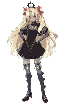 10mo 1girl black_dress black_gloves black_thighhighs blonde_hair breasts commentary_request dark-skinned_female dark_skin dress earrings ereshkigal_(fate) ereshkigal_alter_(fate) fate/grand_order fate_(series) full_body gloves hair_ribbon high_heels highres hoop_earrings jewelry long_hair long_sleeves looking_at_viewer medium_breasts parted_bangs red_eyes ribbon solo thighhighs tiara two_side_up