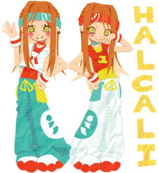 1990s_fashion 2girls abcdef-t animification blue_pants brown_hair collage_(medium) commentary copyright_name fashion faux_traditional_media full_body halcali haruka_(halcali) headband highres jewelry long_hair looking_at_viewer matching_outfits multiple_girls necklace pants real_life red_shirt ringed_eyes shirt simple_background smile standing white_background white_pants white_shirt yellow_eyes yukari_(halcali)