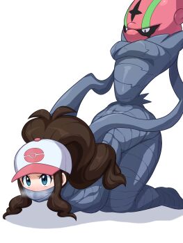 Rule 34 | 1girl, absurdres, accelgor, annoyed, baseball cap, bdsm, blue eyes, blush, bondage, bound, brown hair, bug, commentary request, domination, gag, gagged, gen 5 pokemon, hat, highres, hilda (pokemon), kerriaria, long hair, nintendo, pokemon, pokemon (creature), pokemon bw, ponytail, restrained, sidelocks, simple background, steam, top-down bottom-up, white background, wrapped up