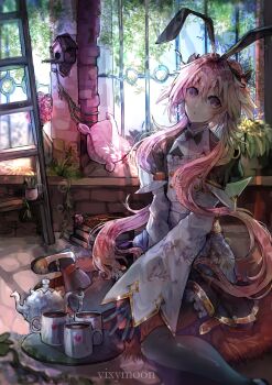 1boy androgynous animal_ears astolfo_(fate) astolfo_(saber)_(fate) astolfo_(saber)_(third_ascension)_(fate) black_bow black_bowtie black_gloves black_thighhighs bow bowtie closed_mouth commentary cup dot_mouth english_commentary fake_animal_ears fang fate/apocrypha fate/grand_order fate_(series) gloves gold_trim hair_bow hair_intakes long_hair male_focus mug multicolored_hair official_alternate_costume pillow pink_hair purple_eyes rabbit_ears red_ribbon ribbon skin_fang solo streaked_hair teapot thighhighs twintails very_long_hair vixymoon white_hair wing_collar