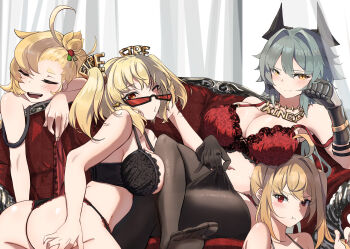 Rule 34 | 4girls, absurdres, ass, blonde hair, blush, bra, breasts, burnice white, caesar king (zenless zone zero), cleavage, green hair, hair between eyes, highres, jewelry, looking at viewer, luciana de montefio, multiple girls, navel, necklace, one eye closed, ozawa mei, piper wheel, red eyes, short hair, underwear, yellow eyes, zenless zone zero
