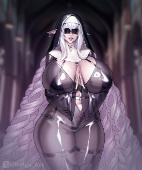 1girl absurdres blindfold blurry blurry_background breasts church cross curvy earrings elf habit highres huge_breasts jewelry kolga_art latex long_hair navel nun own_hands_together piercing pointy_ears pubic_tattoo solo tattoo thick_thighs thighs very_long_hair white_hair