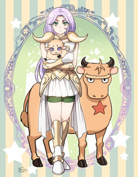 1boy :3 androgynous animal aries_muu arm_guards armor baby_animal bike_shorts boots bull crossdressing crossdressing_(mtf) dress fake_horns full_body gold_armor gold_trim green_eyes green_shorts hikimayu holding holding_animal holding_sheep horned_armor horns kiki_(saint_seiya) knee_boots lamb long_hair looking_at_viewer magical_boy male_focus mizuhara_aki purple_eyes purple_hair saint_seiya sheep sheep_horns short_dress shorts sleeveless sleeveless_dress solo_focus standing star_(symbol) taurus_aldebaran unibrow white_boots white_dress