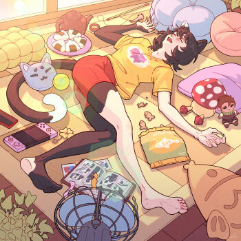 1girl animal_ears ball barefoot black_hair cat_ears cat_girl cat_tail cat_teaser cellphone character_doll charm_(object) chilchuck_tims claws closed_eyes commentary doll dungeon_meshi electric_fan english_commentary food game_console highres indoors izutsumi leaf lindriart lying nintendo_switch on_floor onigiri phone photo_(object) photo_album pillow plant polaroid_photo rug shirt sleeping solo t-shirt tail teapot walking_mushroom_(dungeon_meshi) yellow_shirt