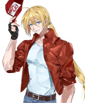 1boy absurdres baseball_cap belt black_gloves blonde_hair blue_eyes brown_belt centerwakemania commentary_request denim fatal_fury fatal_fury_cap fingerless_gloves gloves grin hair_between_eyes hat highres holding holding_unworn_clothes holding_unworn_hat jacket jeans long_hair looking_at_viewer male_focus pants ponytail red_jacket shirt shirt_tucked_in simple_background smile solo t-shirt terry_bogard the_king_of_fighters unworn_hat unworn_headwear upper_body white_background white_shirt