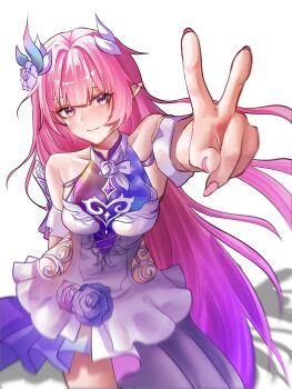 1girl bare_shoulders breasts commentary cyrene_(honkai:_star_rail) cyrene_(ripples_of_past_reverie)_(honkai:_star_rail) dress flower hair_flower hair_ornament highres honkai:_star_rail honkai_(series) large_breasts long_hair looking_at_viewer pink_hair pointy_ears purple_eyes solo symbol-only_commentary v very_long_hair white_background white_dress xi3x1e13