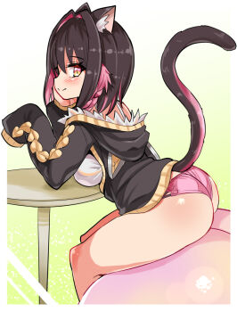 1girl animal_ears ass black_hair black_jacket braid cat_ears cat_girl cat_tail closed_mouth cougar_(cougar1404) elbow_rest food from_side fruit hair_intakes head_rest hood hood_down hooded_jacket jacket leaning_forward leo_(cougar1404) long_sleeves looking_at_viewer multicolored_hair no_pants original oversized_object panties peach pink_hair pink_panties shirt_straps short_hair side_braid sitting sleeves_past_fingers sleeves_past_wrists smile solo table tail two-tone_hair underwear wedgie yellow_eyes