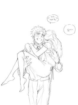 1boy 1girl absurdres blush carrying carrying_person couple embarrassed erina_pendleton happy highres hug husband_and_wife jojo_no_kimyou_na_bouken jonathan_joestar necktie phantom_blood princess_carry smile speech_bubble white_background